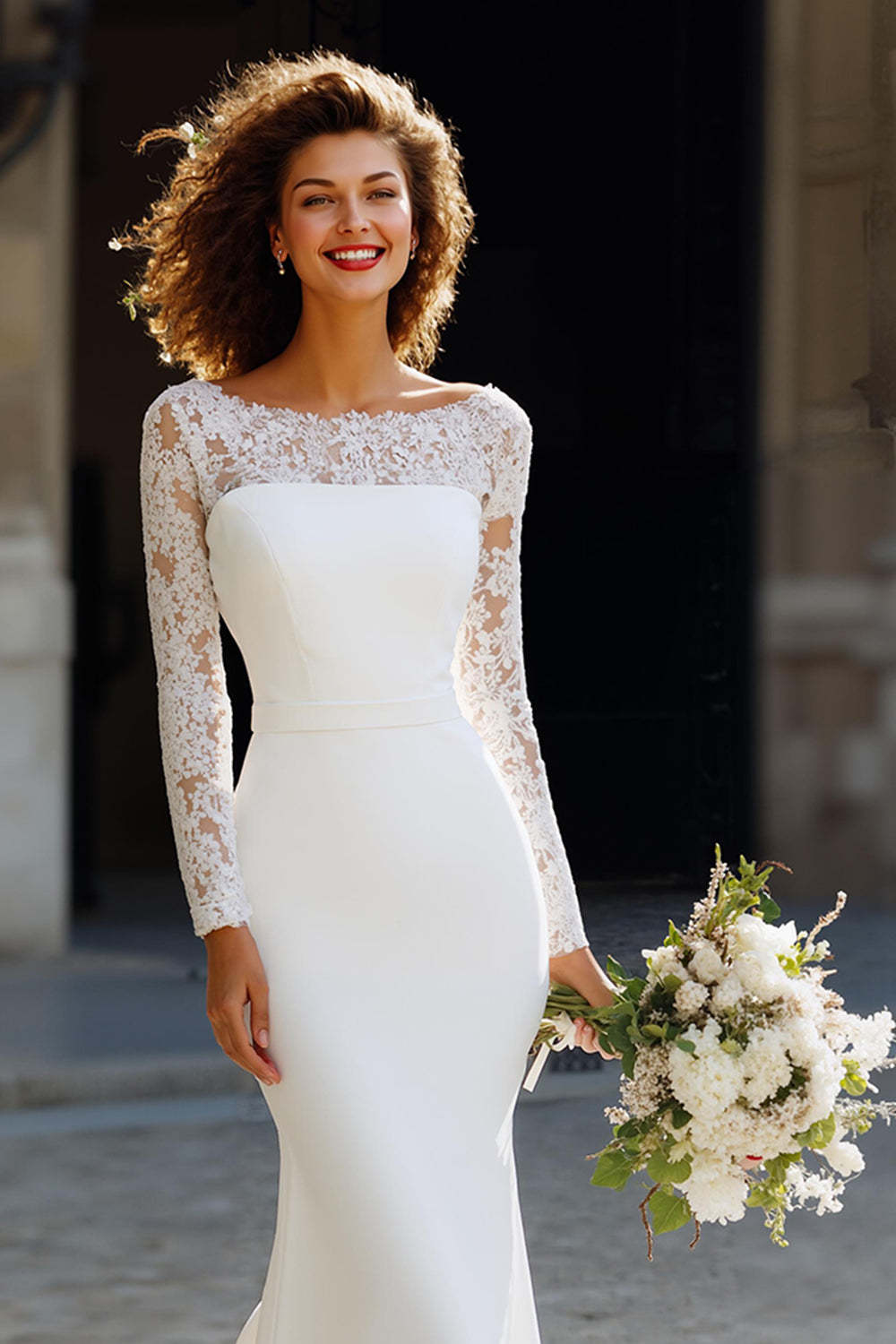 White Chiffon Mermaid Sweep Train Wedding Dress with Sleeves