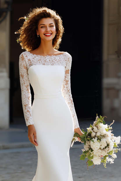 White Chiffon Mermaid Sweep Train Wedding Dress with Sleeves