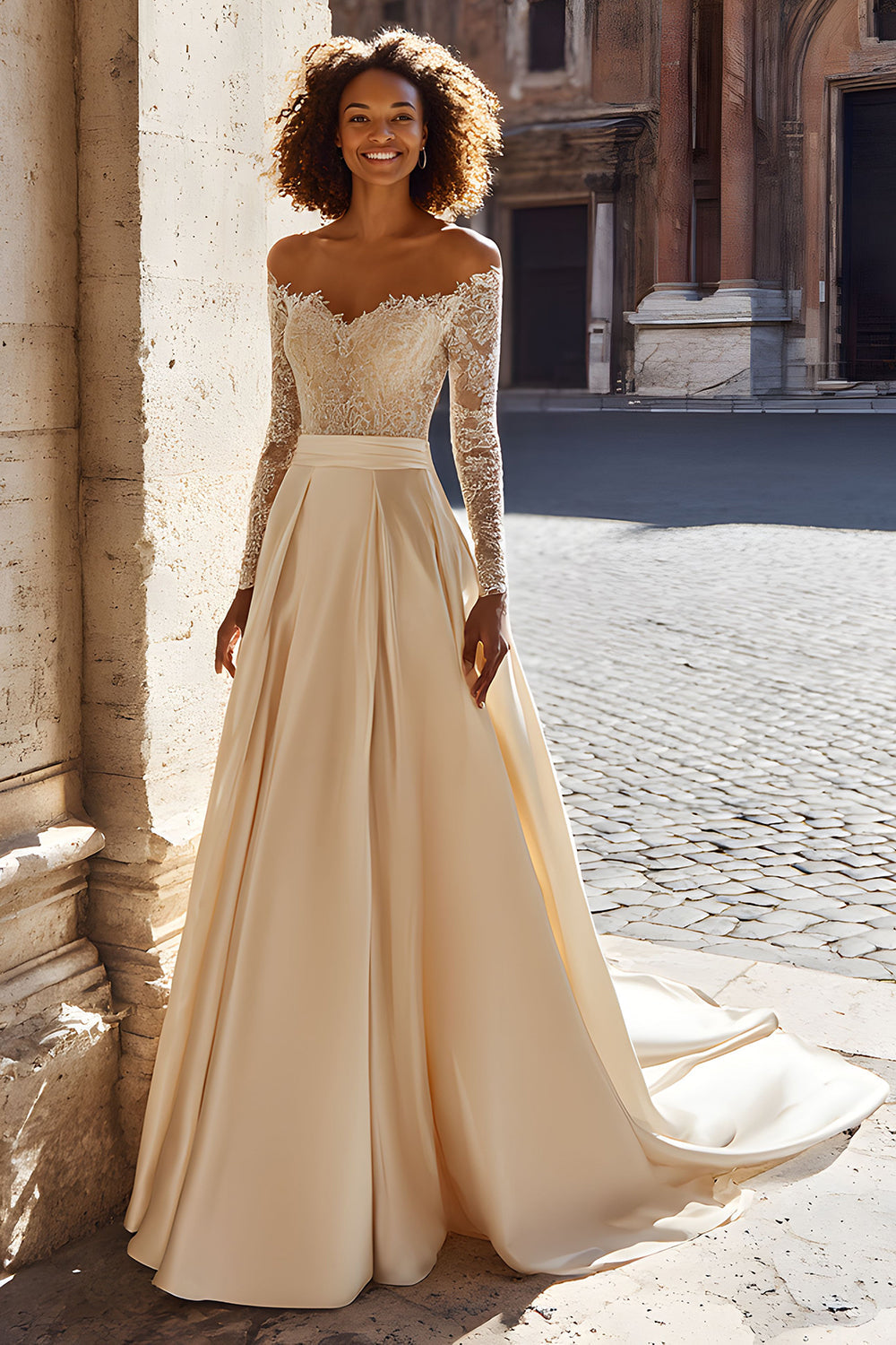 Sparkly Satin Champagne Off the Shoulder Sweep Train Wedding Dress with Sleeves