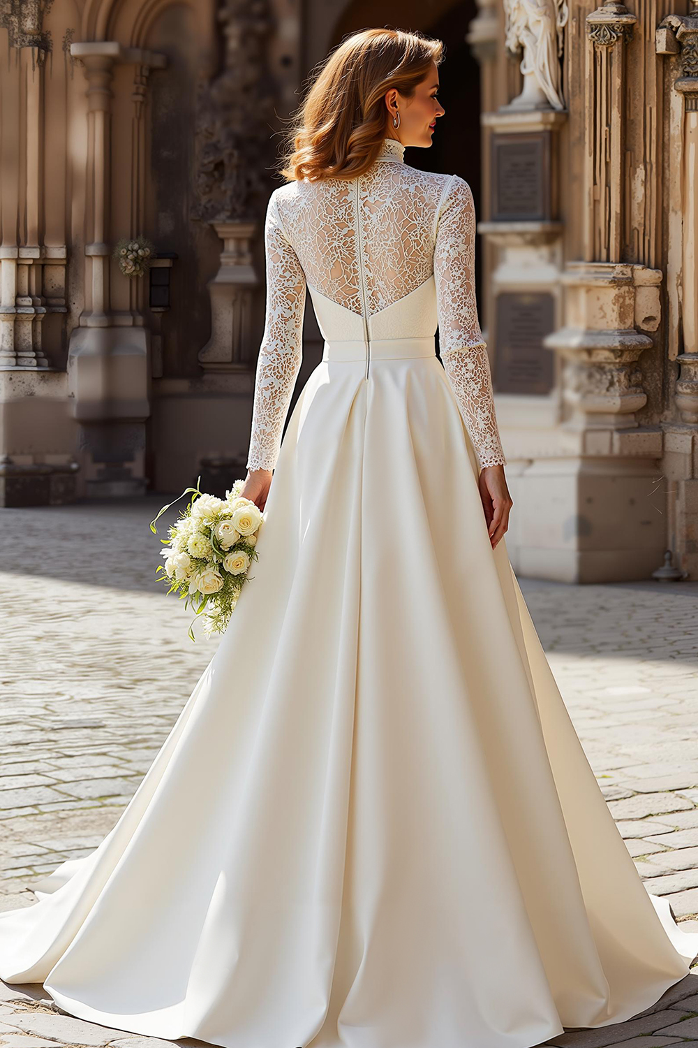 Ivory Princess High Neck Satin Long Sleeves Wedding Dress