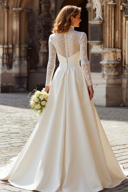 Ivory Princess High Neck Satin Long Sleeves Wedding Dress