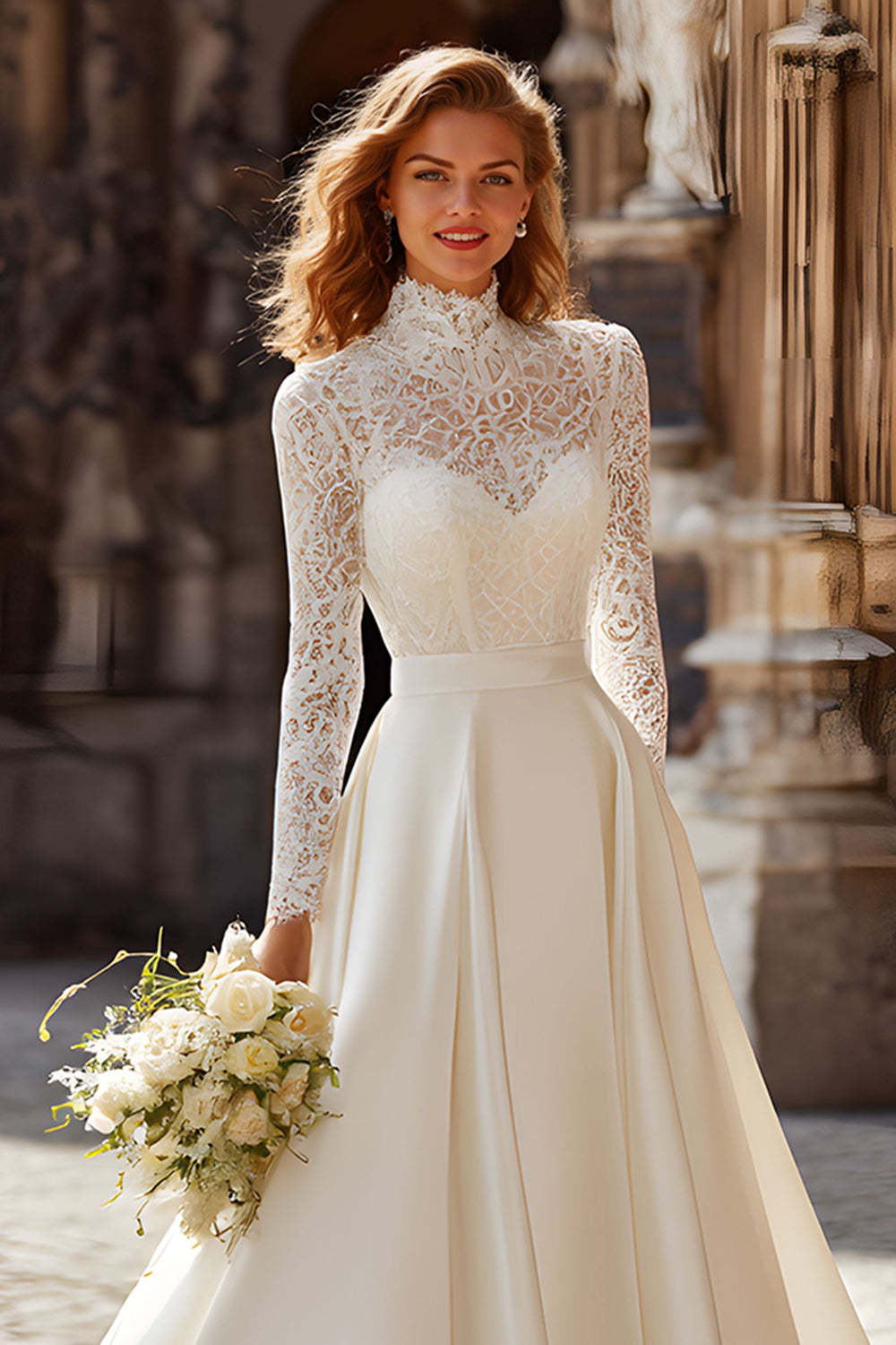 Ivory Princess High Neck Satin Long Sleeves Wedding Dress