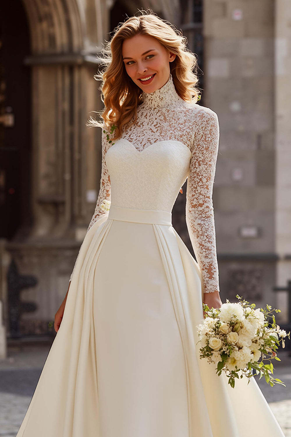 Ivory High Neck Ball Gown Satin Long Sleeves Sweep Train Wedding Dress