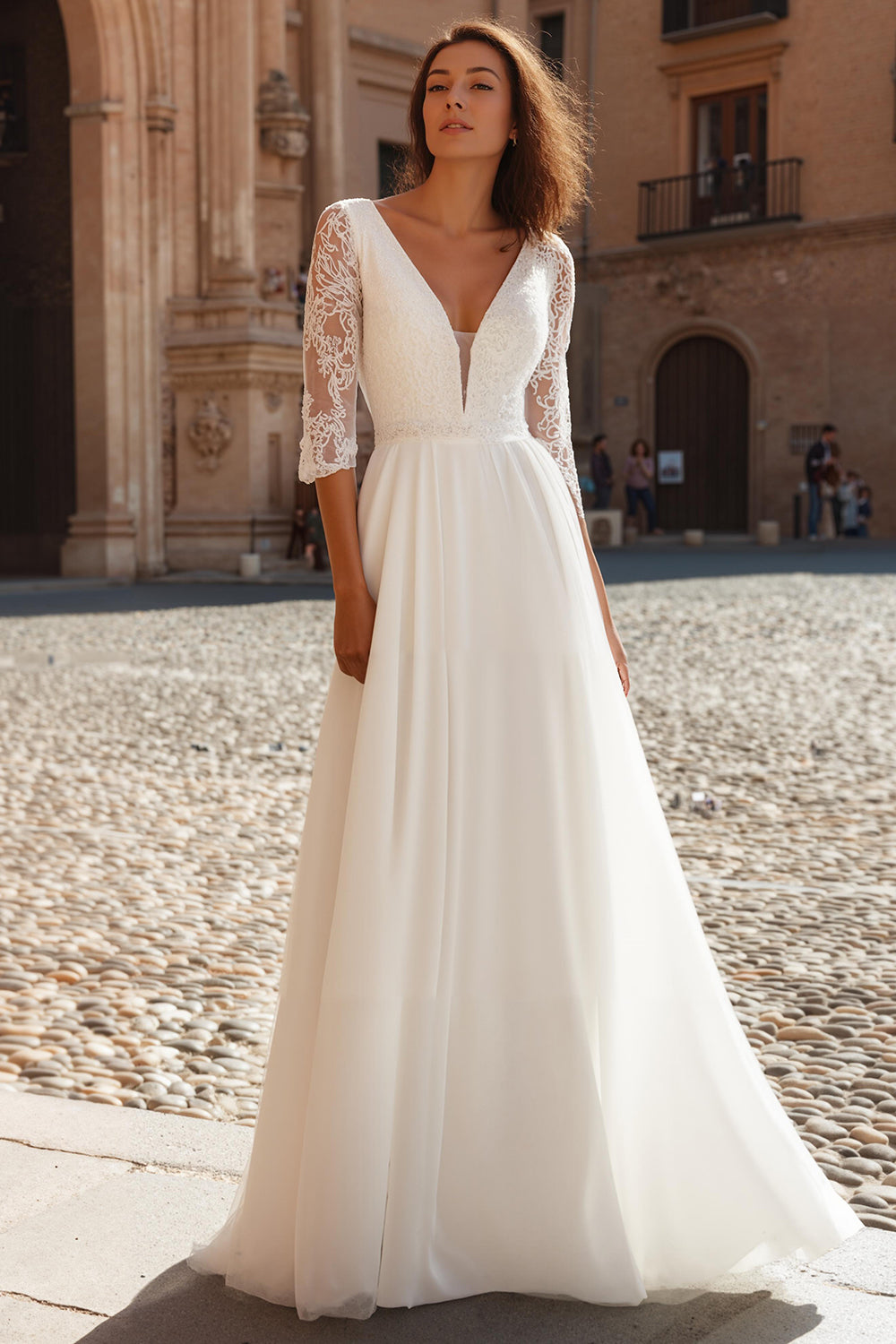 Leely Women Ivory Chiffon A Line Wedding Dress with Sleeves V-Neck Floor Length Bridal Dress with Lace