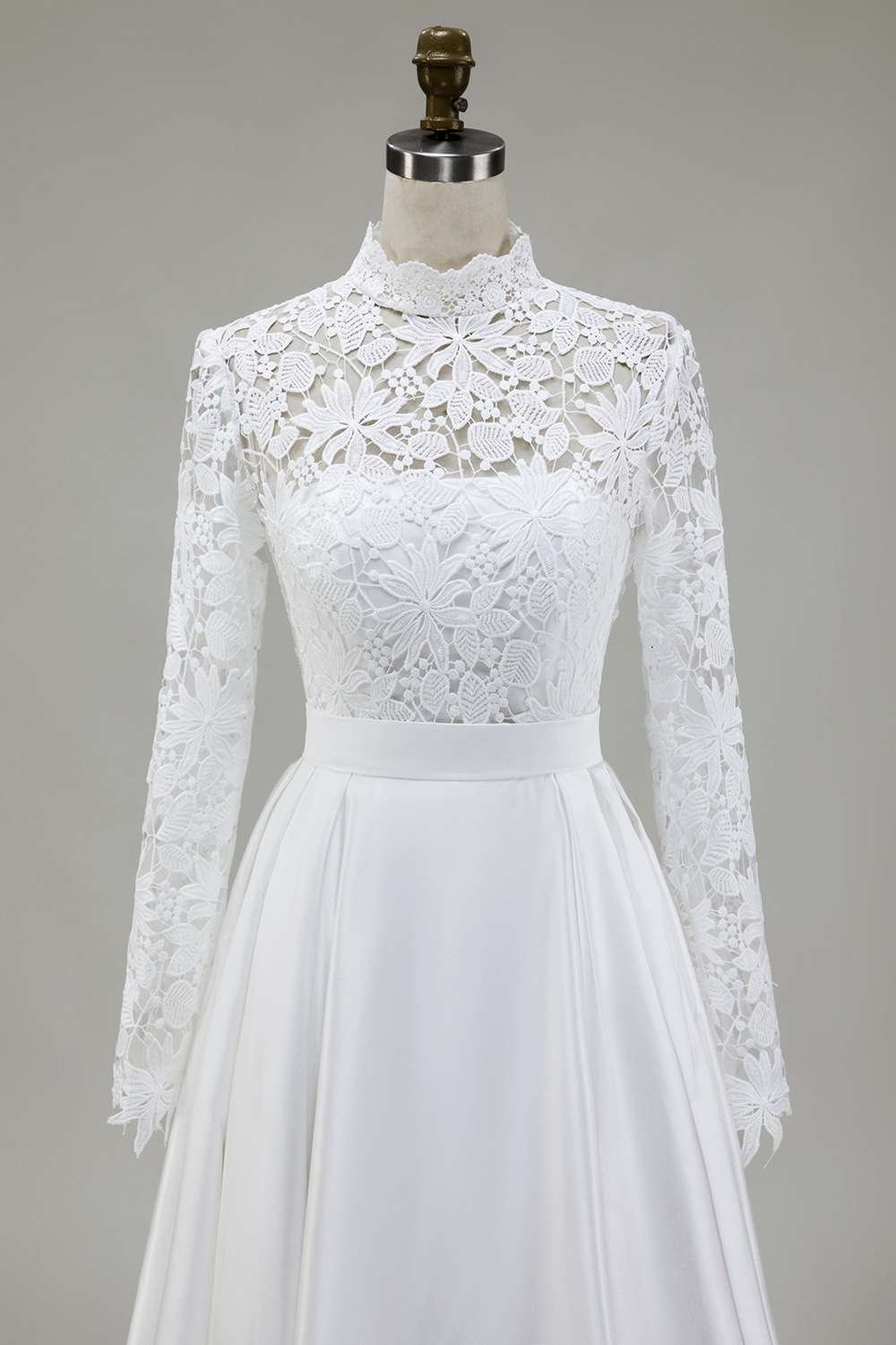 Vintage Ivory Satin High Neck Ball Gown Wedding Dress with Lace