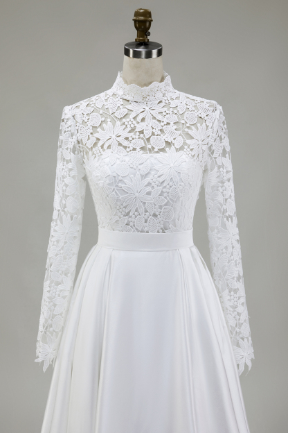 Vintage Ivory Satin High Neck Ball Gown Wedding Dress with Lace