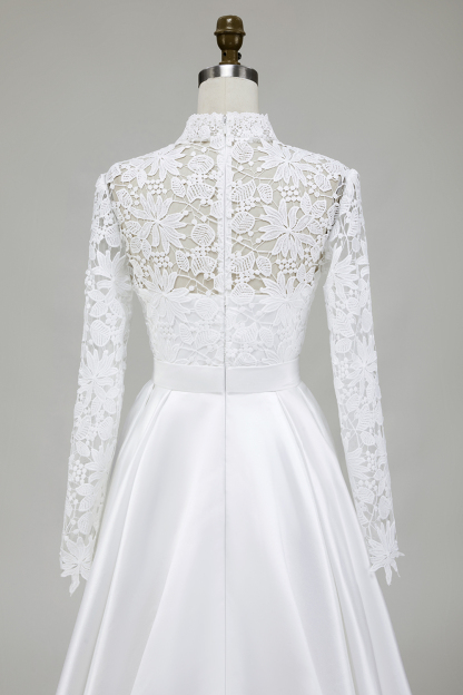 Vintage Ivory Satin High Neck Ball Gown Wedding Dress with Lace