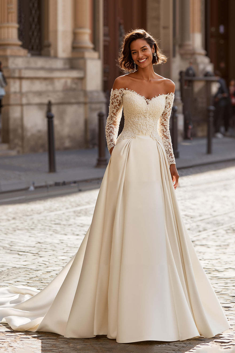 Leely Women Ivory Satin Sweep Train Wedding Dress with Sleeves Off the Shoulder Ball Gown Bridal Dress with Lace