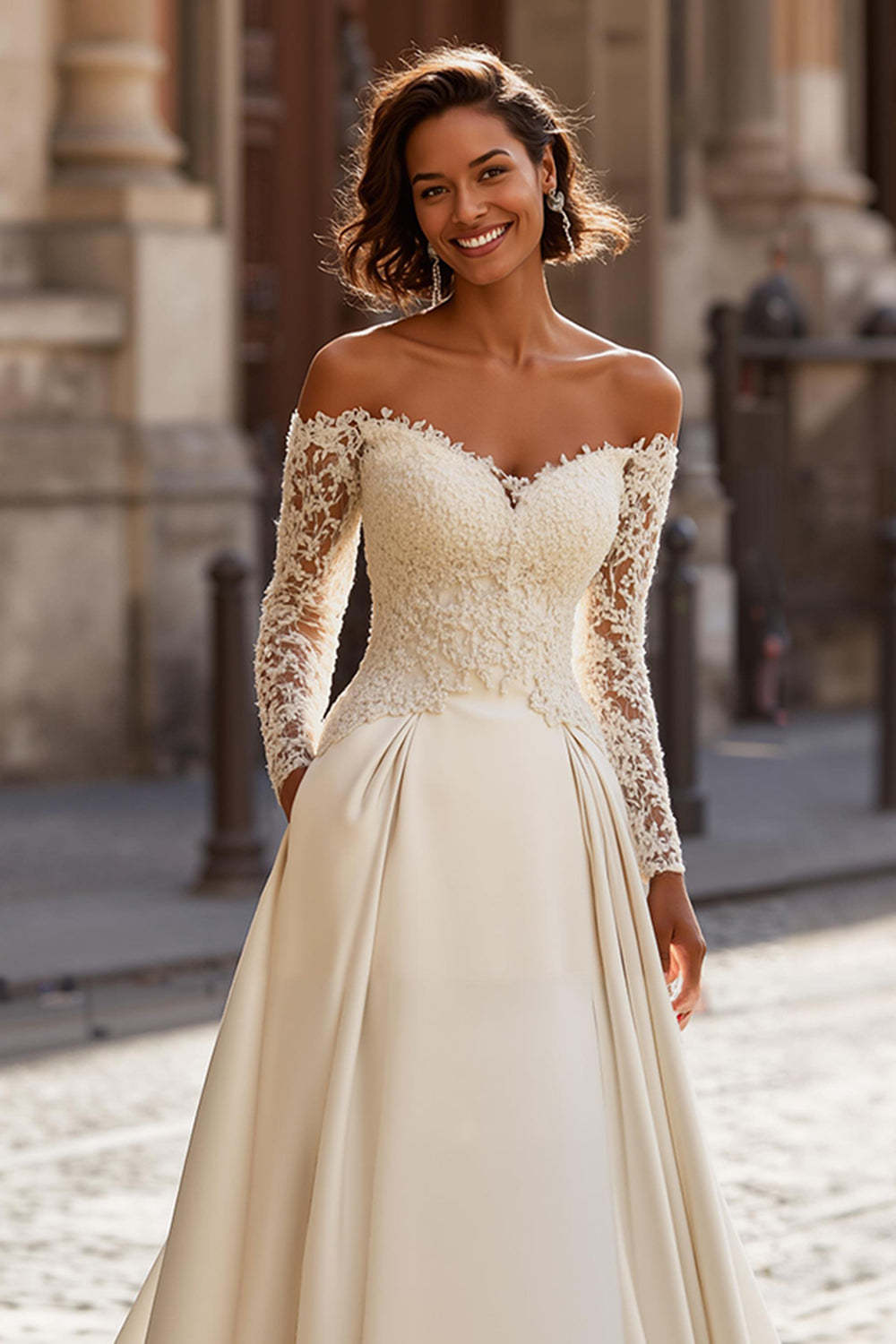 Ivory Satin Ball Gown Off the Shoulder Wedding Dress with Sleeves