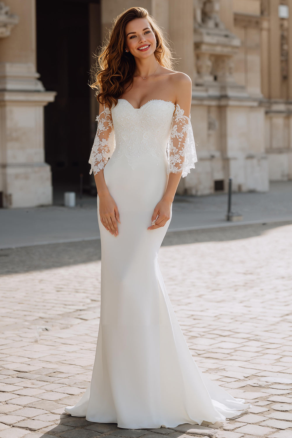 Leely Women White Chiffon Floor Length Wedding Dress with Sleeves Mermaid Off The Shoulder Bridal Dress with Lace