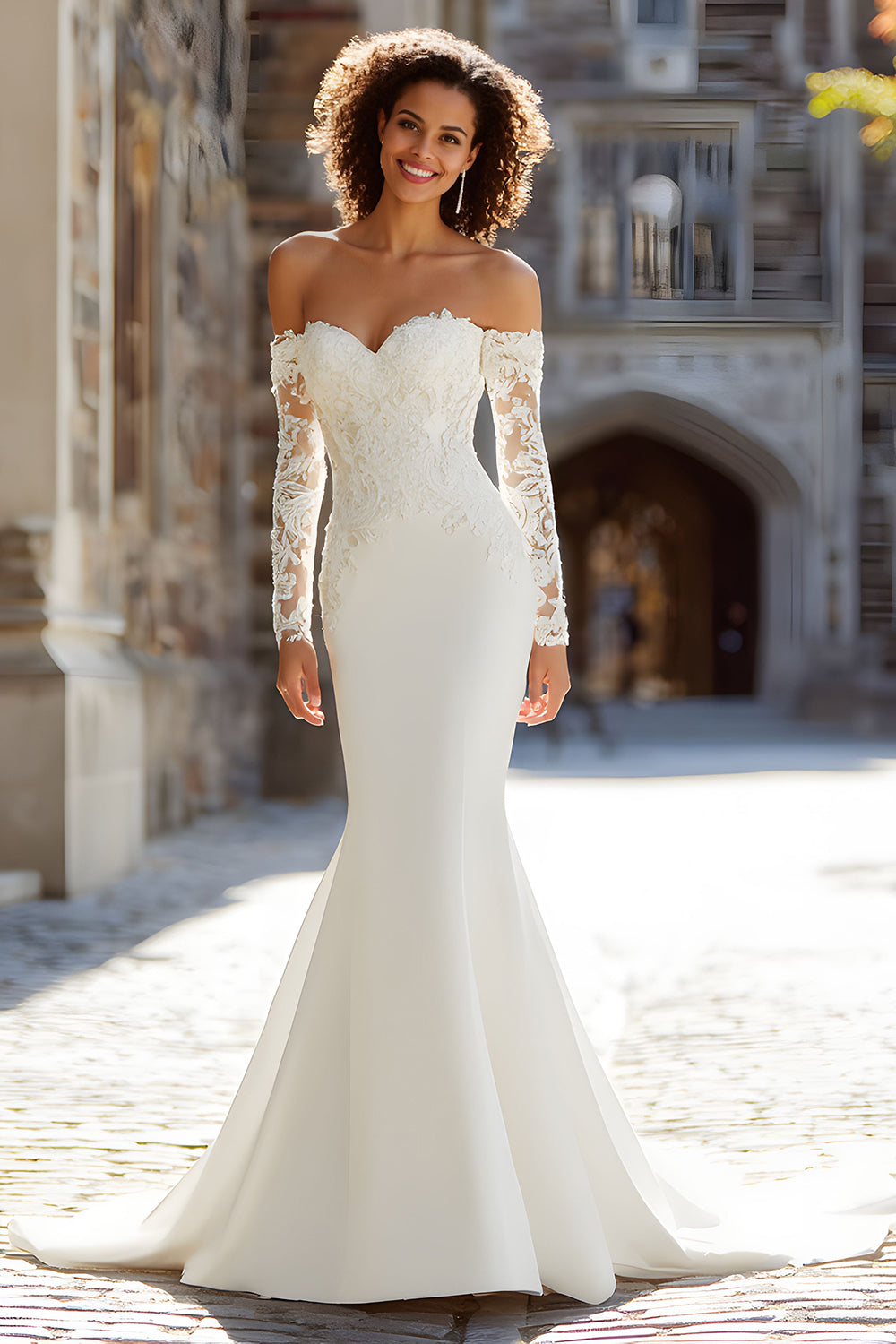 White Satin Long Sleeves Mermaid Wedding Dress with Lace