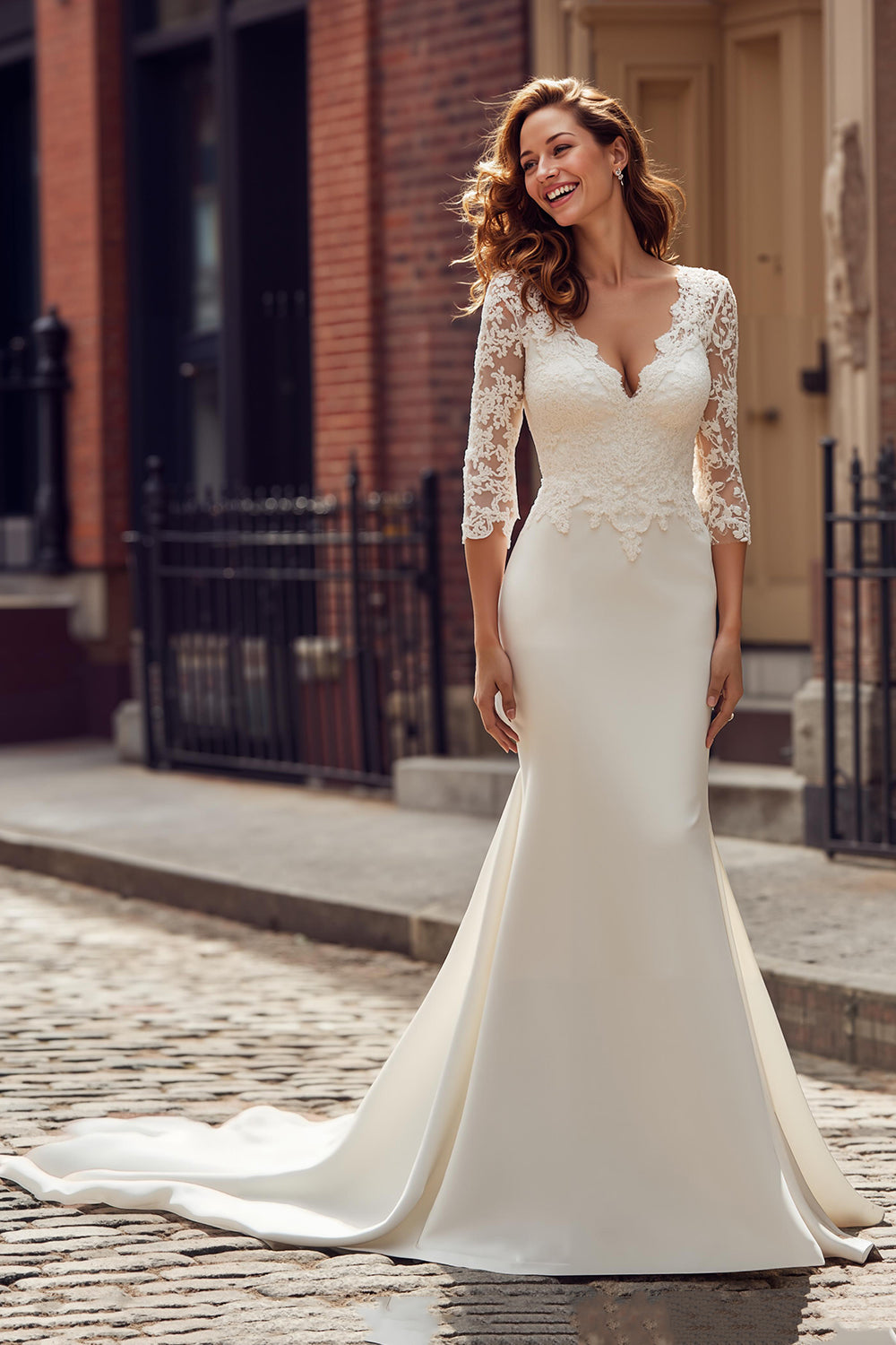 Ivory Mermaid Chiffon V-Neck Sweep Train Wedding Dress with Lace