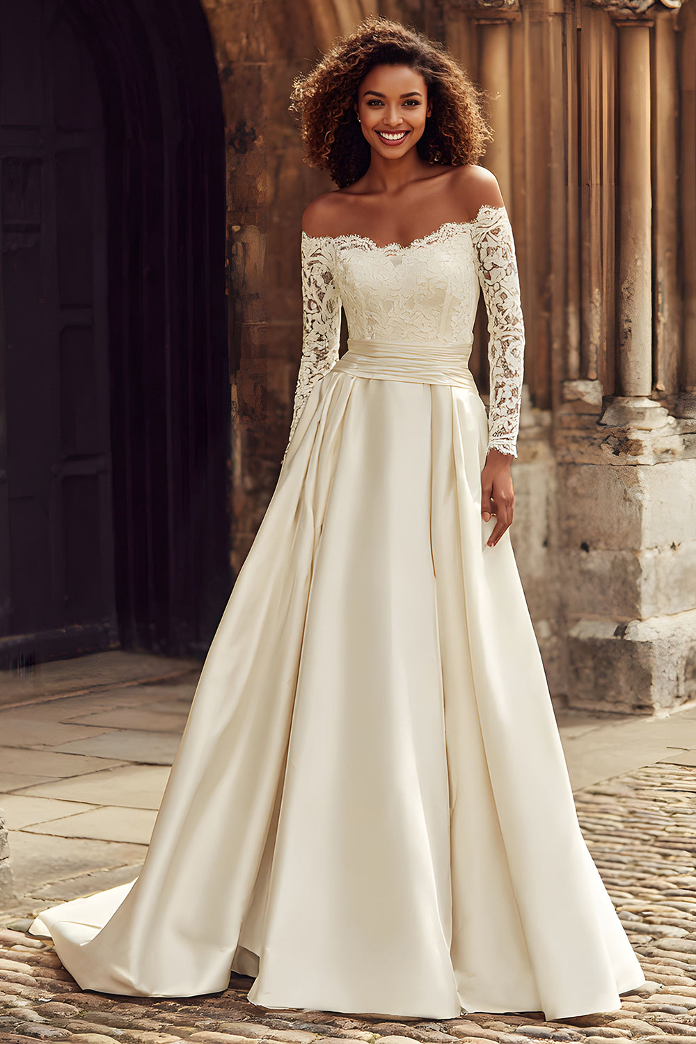 Princess Ivory Satin Off the Shoulder Long Sleeves Wedding Dress with Lace