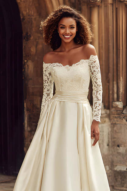 Princess Ivory Satin Off the Shoulder Long Sleeves Wedding Dress with Lace