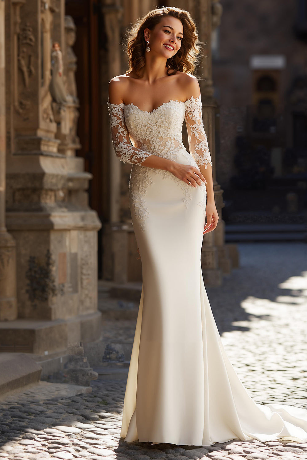 Ivory Mermaid Satin Off the Shoulder Wedding Dress with Sleeves