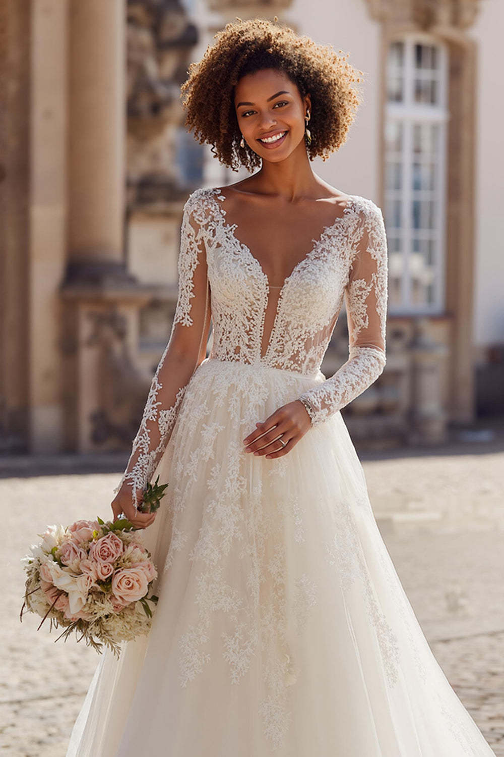 Ivory Tulle V-Neck Princess Long Sleeves Wedding Dress with Lace