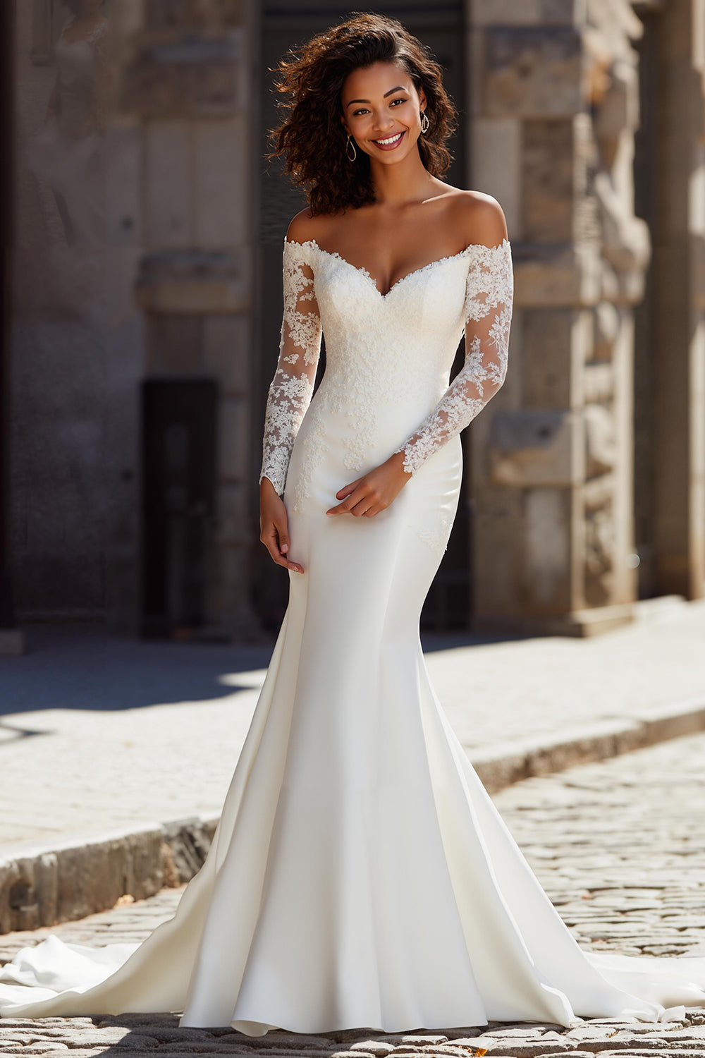 White Satin Sweep Train Mermaid Off the Shoulder Wedding Dress