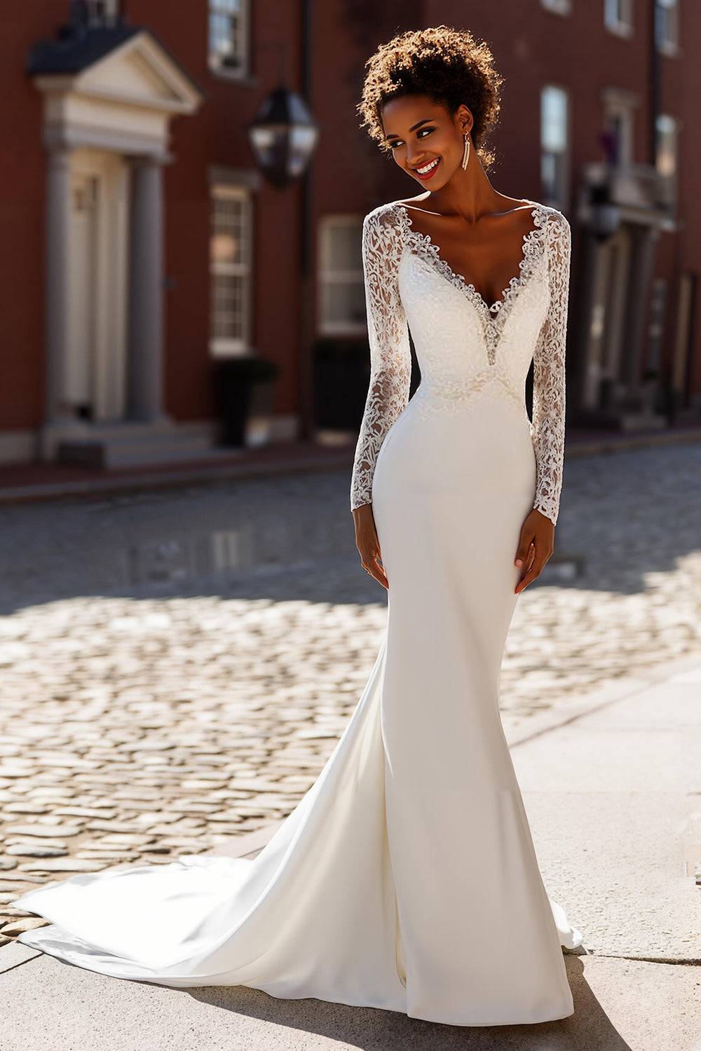 White Chiffon Mermaid V-Neck Sweep Train Wedding Dress with Sleeves
