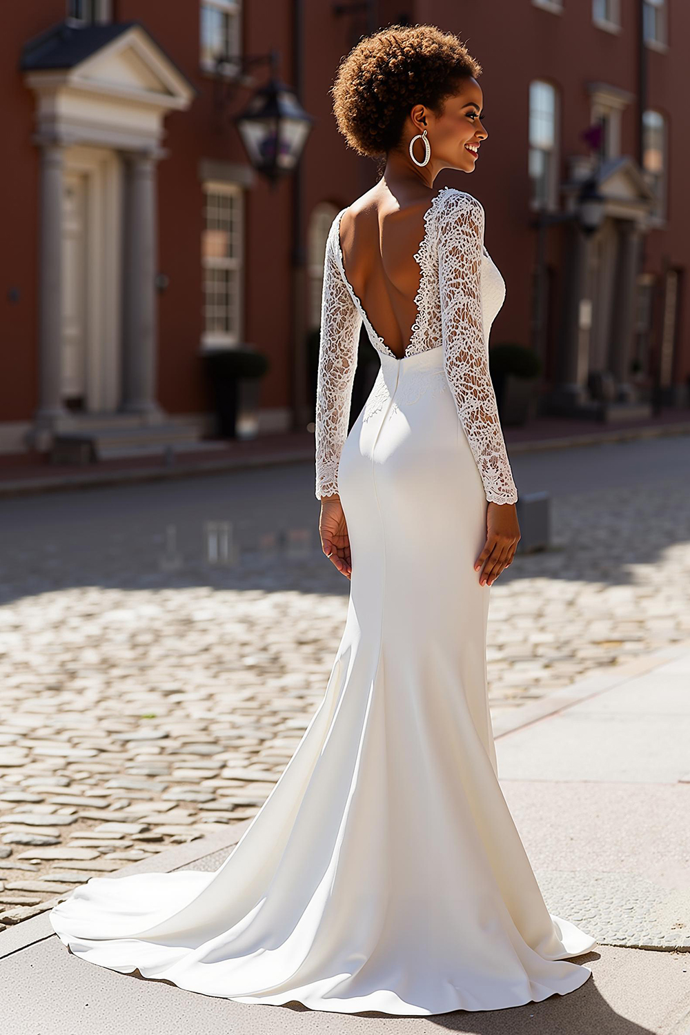White Chiffon Mermaid V-Neck Sweep Train Wedding Dress with Sleeves