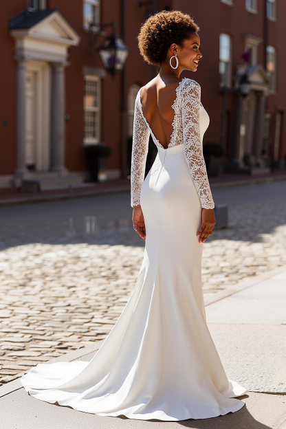 White Chiffon Mermaid V-Neck Sweep Train Wedding Dress with Sleeves