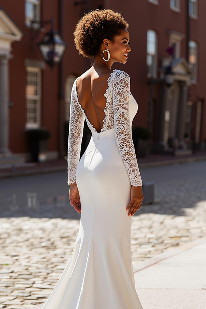 White Chiffon Mermaid V-Neck Sweep Train Wedding Dress with Sleeves