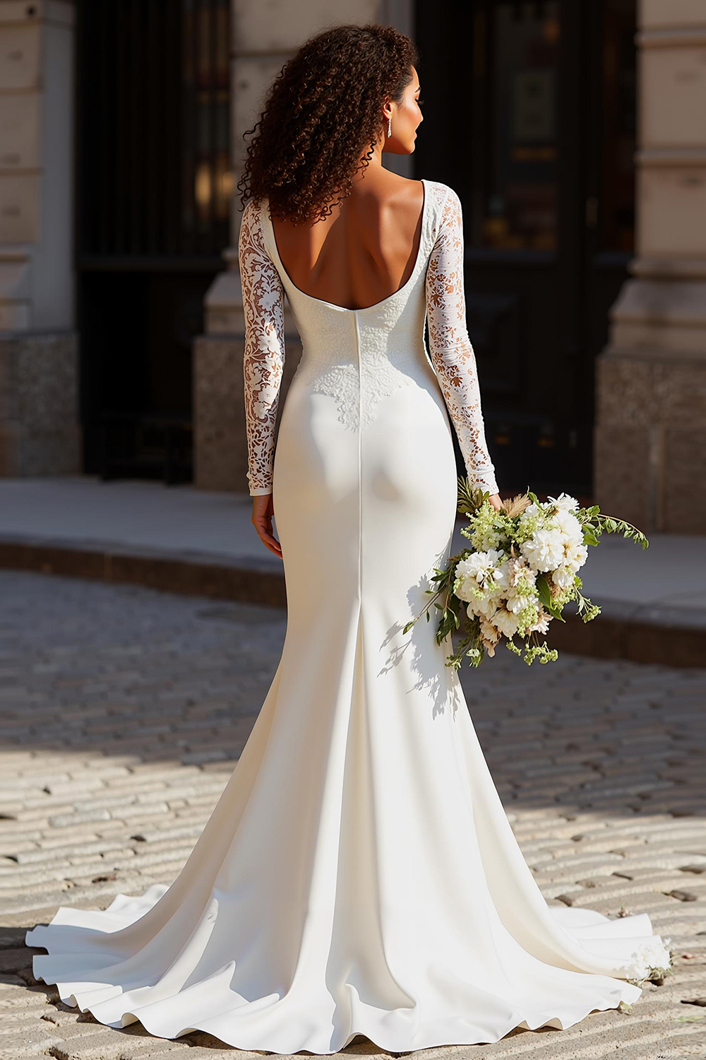 White Mermaid Scoop Neck Long Wedding Dress with Lace