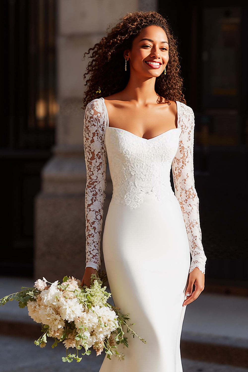 White Mermaid Scoop Neck Long Wedding Dress with Lace