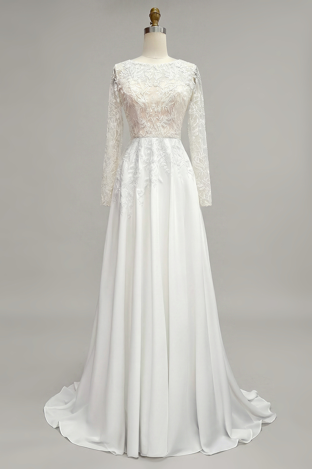 Ivory Illusion Boat Neck Floor-Length A Line Wedding Dress with Lace