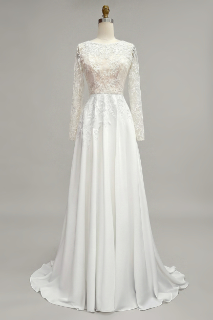 Ivory Illusion Boat Neck Floor-Length A Line Wedding Dress with Lace