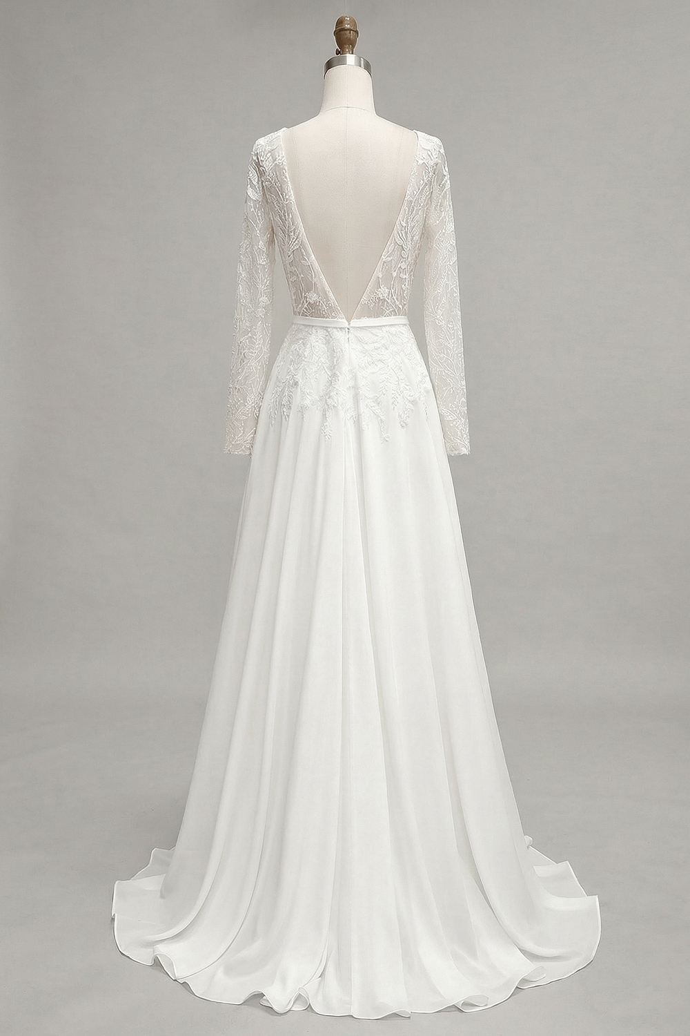 Ivory Illusion Boat Neck Floor-Length A Line Wedding Dress with Lace