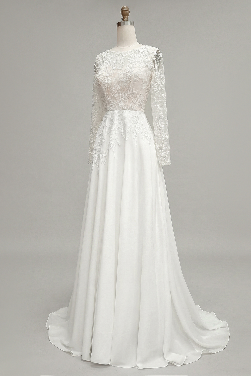 Ivory Illusion Boat Neck Floor-Length A Line Wedding Dress with Lace