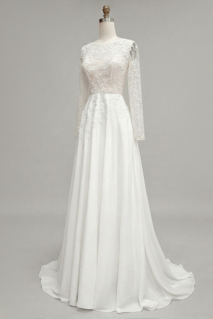Ivory Illusion Boat Neck Floor-Length A Line Wedding Dress with Lace