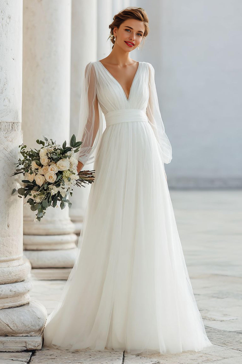 White Tulle V-Neck A Line Floor-Length Wedding Dress with Sleeves