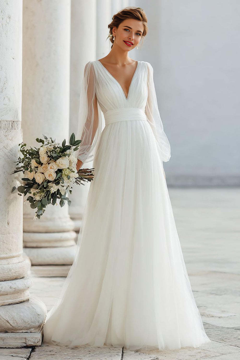 White Tulle V-Neck A Line Floor-Length Wedding Dress with Sleeves