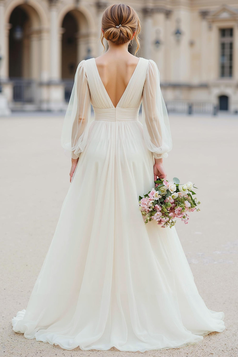 White Tulle V-Neck A Line Floor-Length Wedding Dress with Sleeves