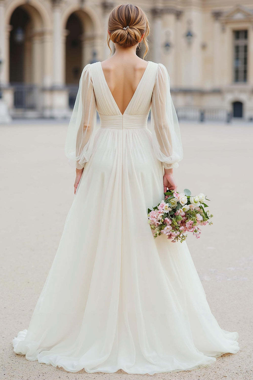 White Tulle V-Neck A Line Floor-Length Wedding Dress with Sleeves