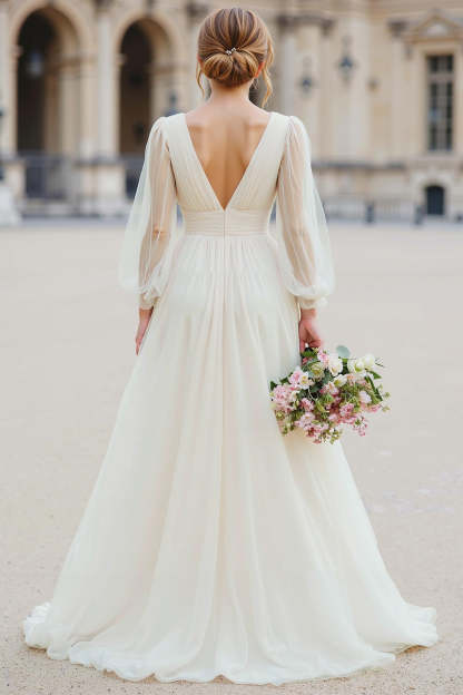 White Tulle V-Neck A Line Floor-Length Wedding Dress with Sleeves