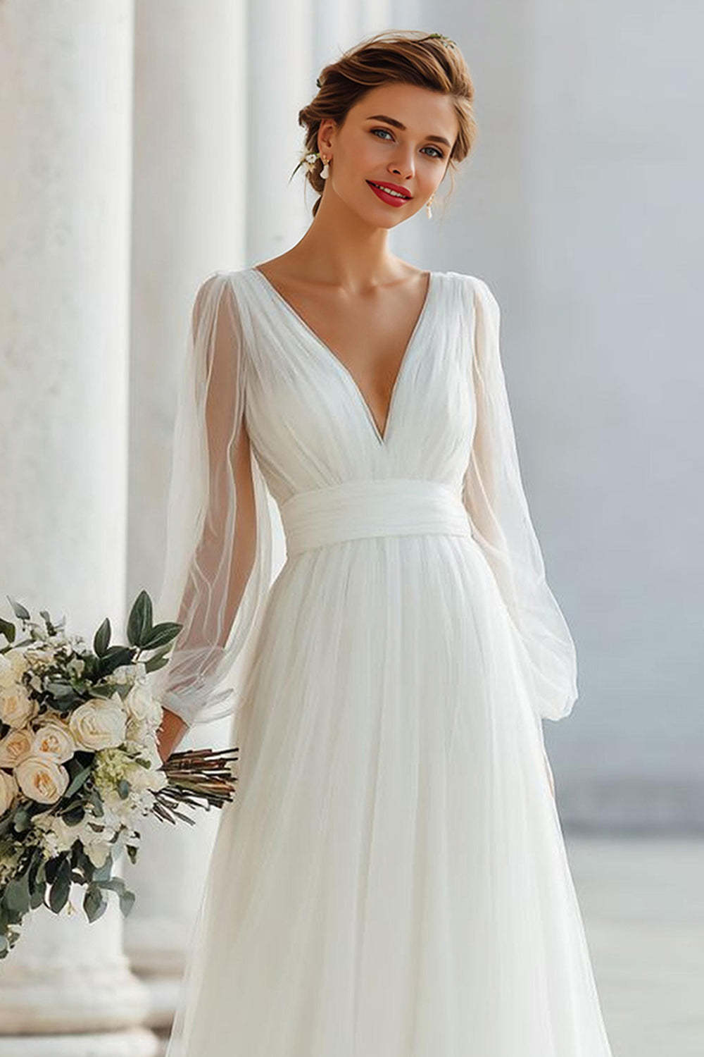 White Tulle V-Neck A Line Floor-Length Wedding Dress with Sleeves