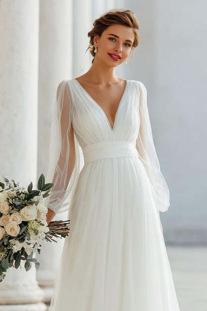 White Tulle V-Neck A Line Floor-Length Wedding Dress with Sleeves