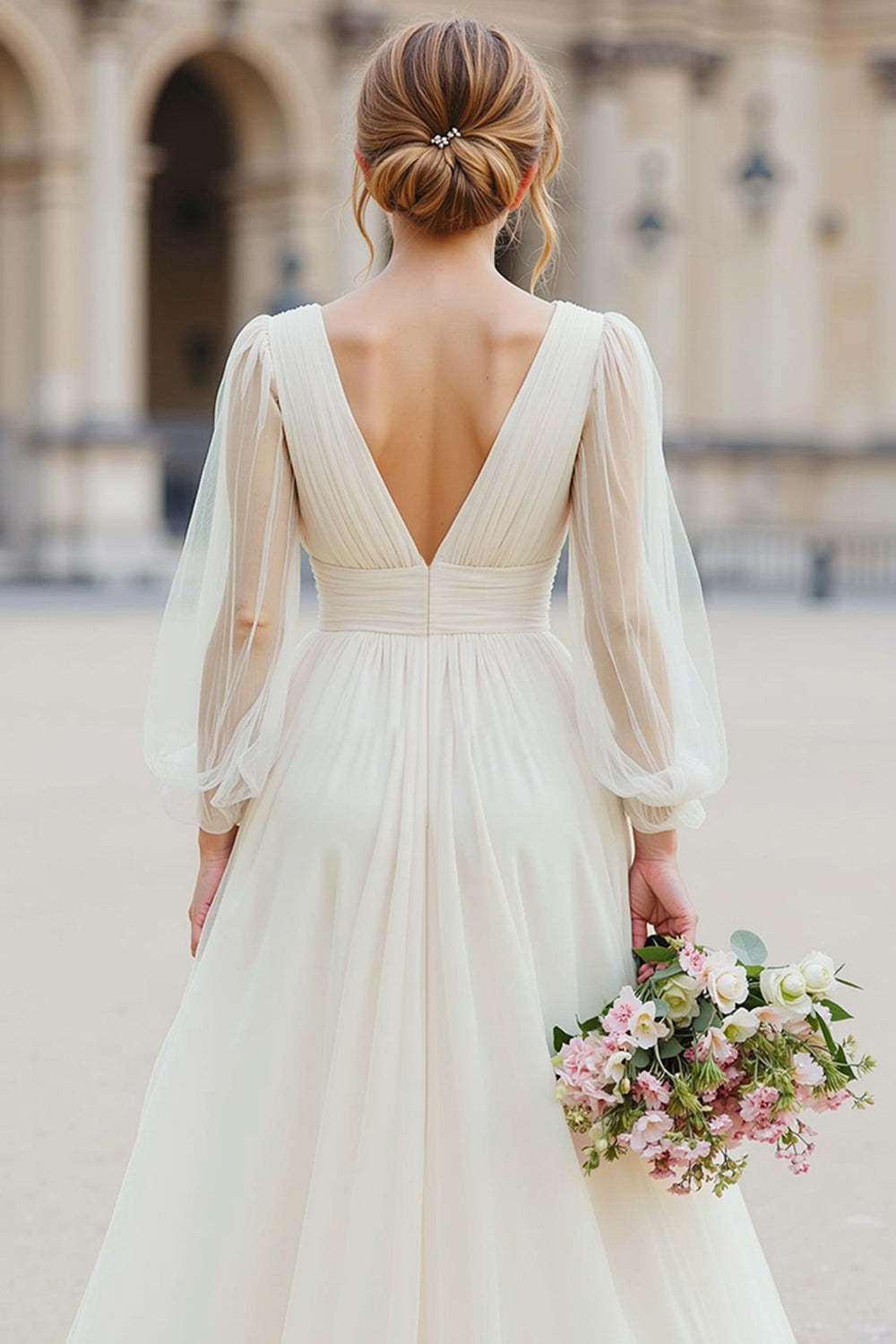 White Tulle V-Neck A Line Floor-Length Wedding Dress with Sleeves