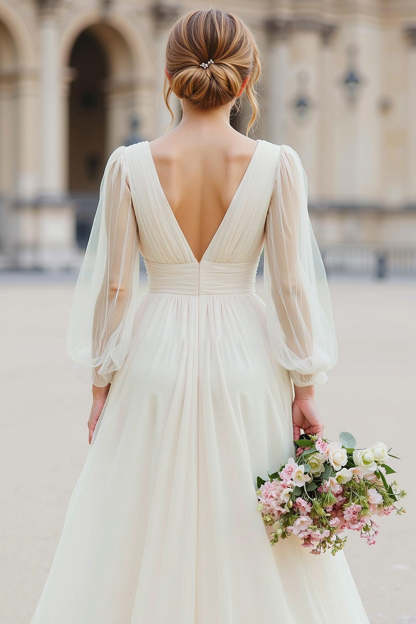 White Tulle V-Neck A Line Floor-Length Wedding Dress with Sleeves