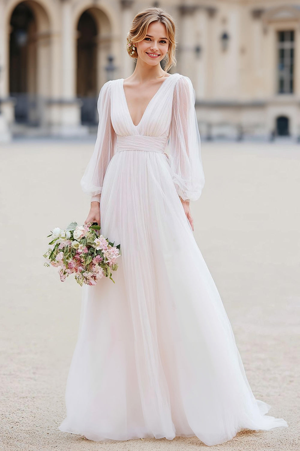 White Tulle V-Neck A Line Floor-Length Wedding Dress with Sleeves