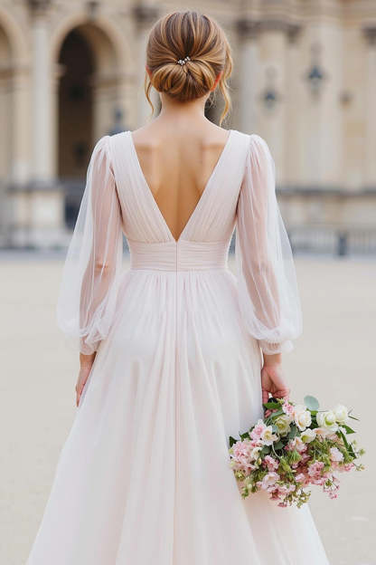 White Tulle V-Neck A Line Floor-Length Wedding Dress with Sleeves