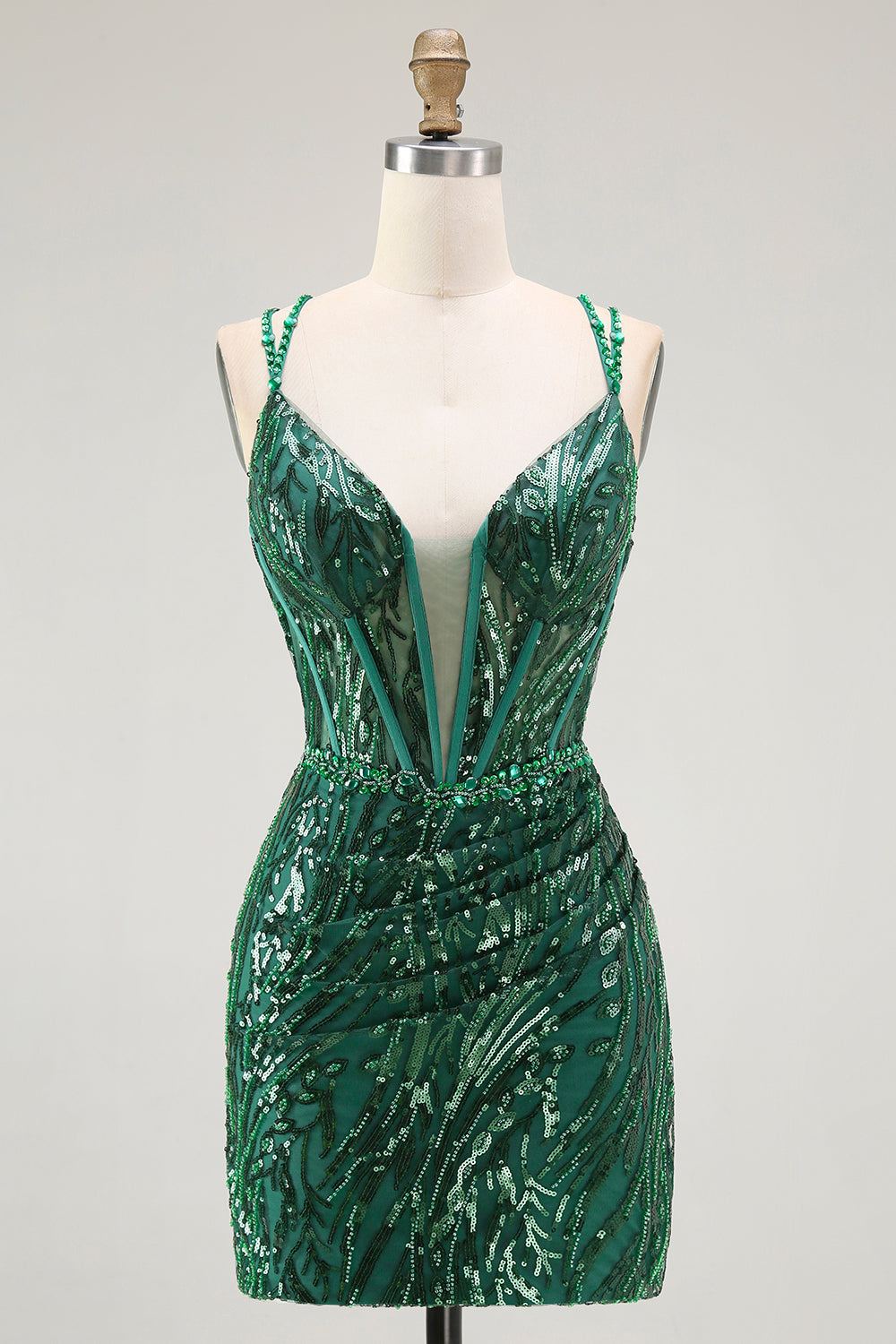 Sparkly Sequin Dark Green Corset Tight Spaghetti Straps Short Homecoming Dress
