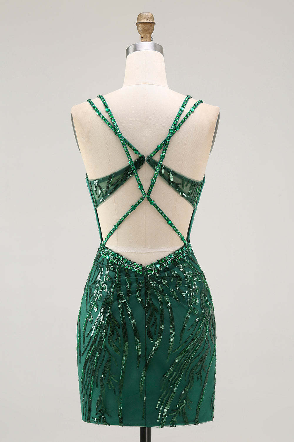Sparkly Sequin Dark Green Corset Tight Spaghetti Straps Short Homecoming Dress