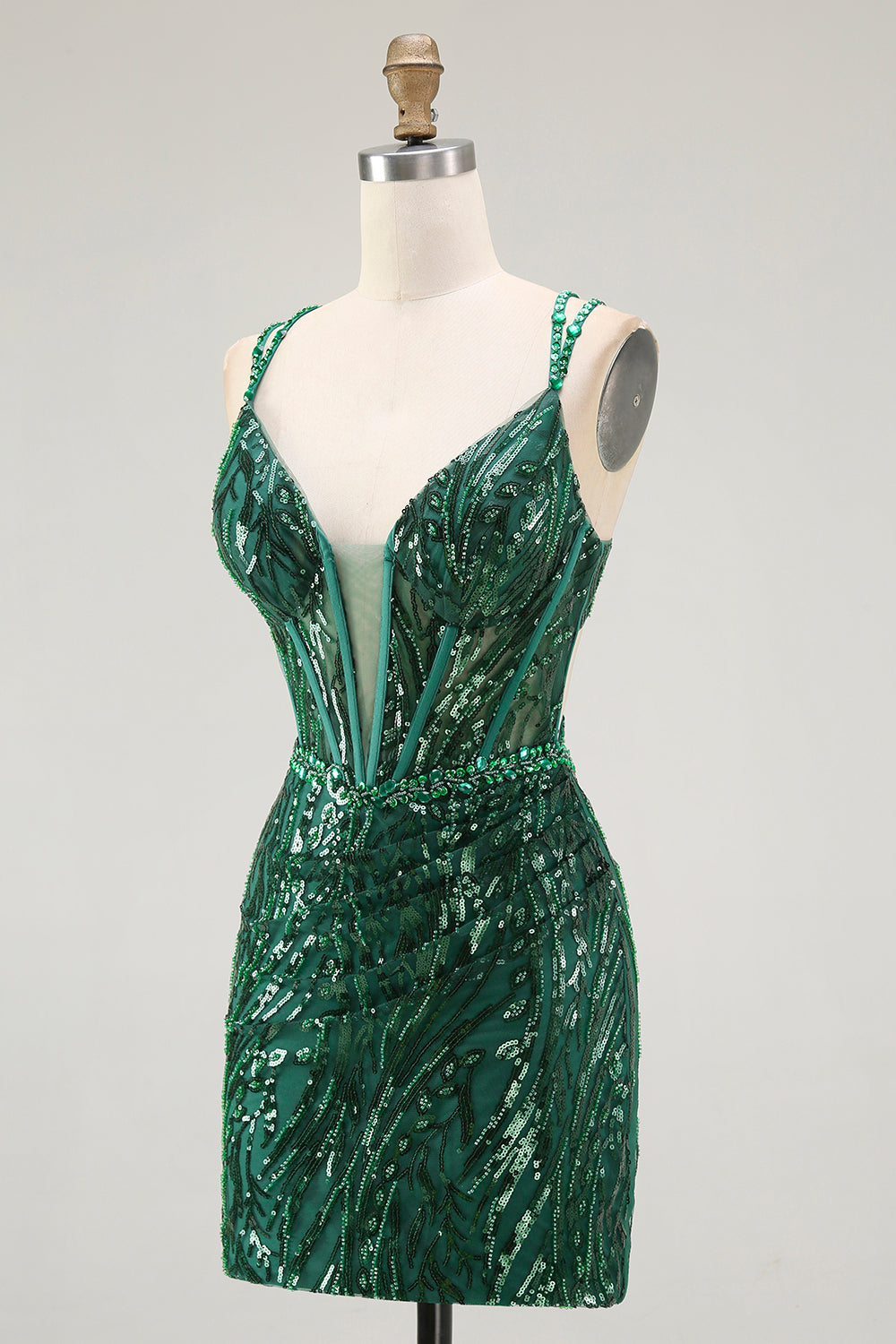 Sparkly Sequin Dark Green Corset Tight Spaghetti Straps Short Homecoming Dress