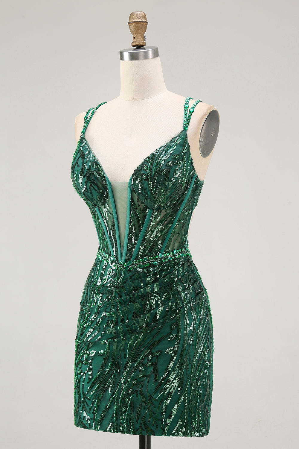 Sparkly Sequin Dark Green Corset Tight Spaghetti Straps Short Homecoming Dress