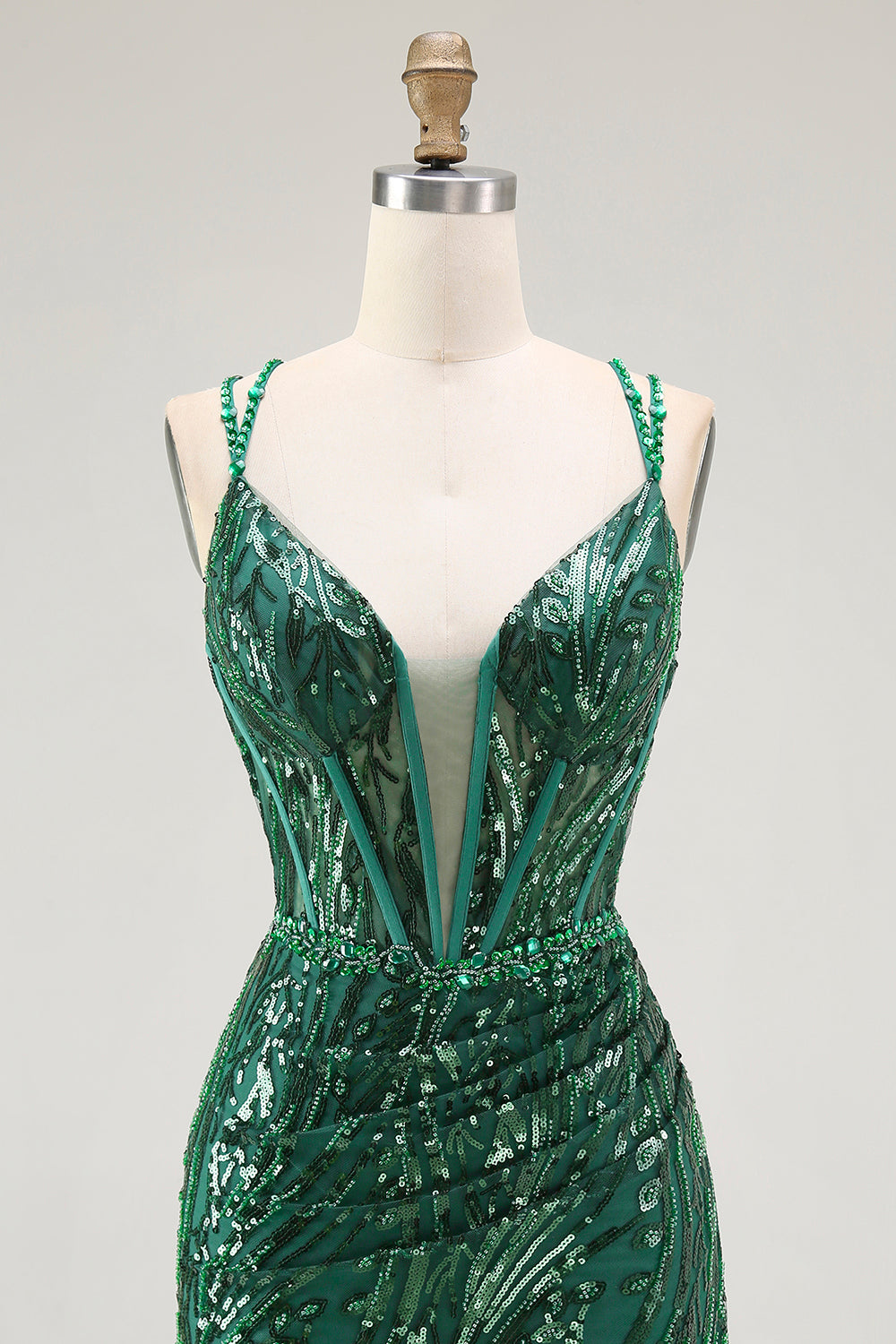 Sparkly Sequin Dark Green Corset Tight Spaghetti Straps Short Homecoming Dress