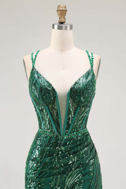 Sparkly Sequin Dark Green Corset Tight Spaghetti Straps Short Homecoming Dress