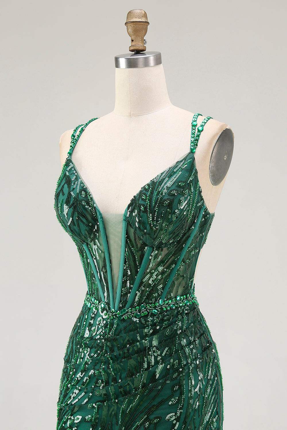 Sparkly Sequin Dark Green Corset Tight Spaghetti Straps Short Homecoming Dress